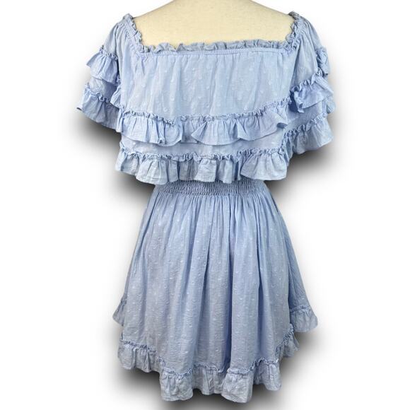 Indikah Off Shoulder Ruffle Mini Dress Smocked Waist Lined Light Blue Size XS - Picture 5 of 8